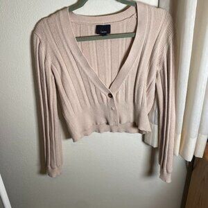 Lumiere Tan Cropped Button Front Ribbed Sweater
